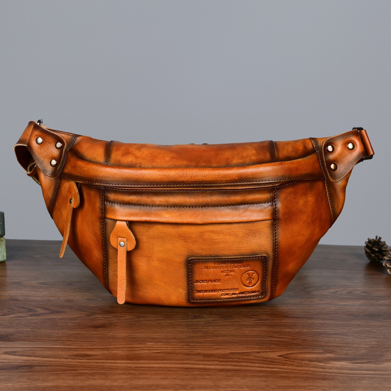 Primeira camada masculina de couro de peito bolsa de couro real, bolsa de lazer, bolsa de ombro, cor sólida, bolsa crossbody retrô, bolsa de cintura