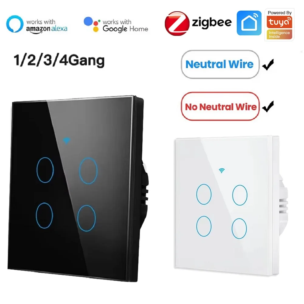 Interruptor inteligente de toque de parede ZigBee, 1/2/3/4 gangues, botão de parede de controle de luz LED sem fio neutro/fio, voz inteligente com Alexa Google Home