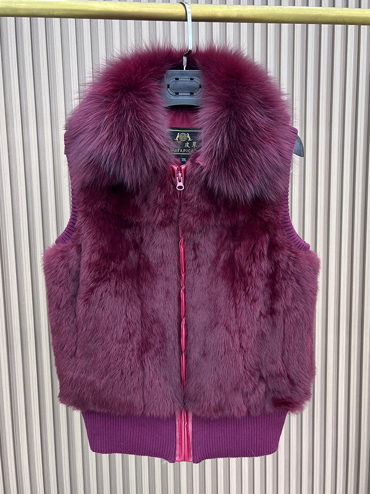 Dames echt konijnenbont vest jas breien winter vossenbontkraag bontjas casual kort uitloper slank met ritssluiting