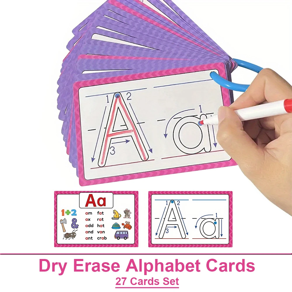 Droog uitwisbaar alfabet Leren Dubbelzijdige flashkaarten, schrijf- en veeggelamineerde ABC-letter Tracing-oefenkaart Engels leren