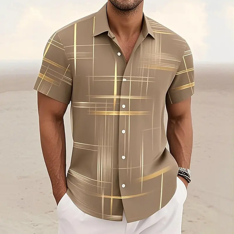 8-kleuren geometrisch rasteroverhemd voor heren, knoopoverhemd, korte mouw, mode, casual, buitenvakantie, streetwear, 3D-geprint reversoverhemd