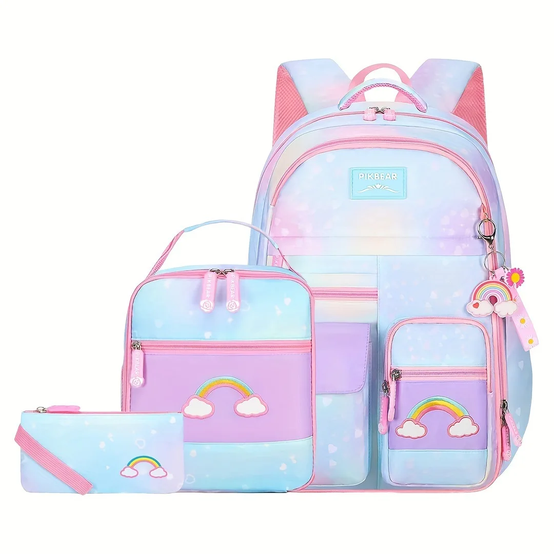 Set di zaini scolastici da 3 pezzi con ricamo arcobaleno Borse da scuola per bambini con gradiente elementare impermeabili in nylon di alta qualità