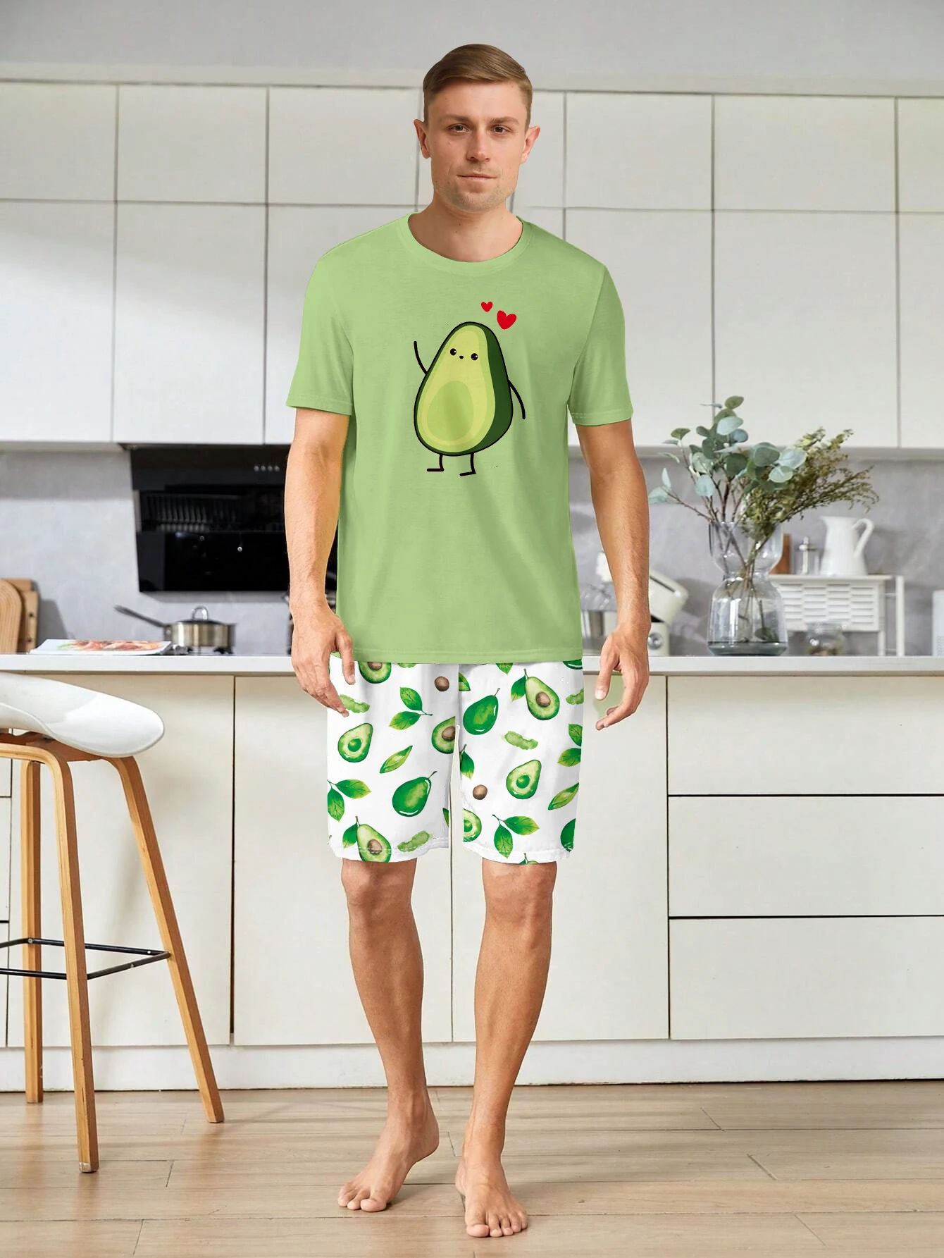 Lässiger Herren-Pyjama, Heimkleidung, modischer Stil, Avocado-Serie, kurzärmelige Shorts, zweiteiliges Set für Eltern-Kind-Kleidung