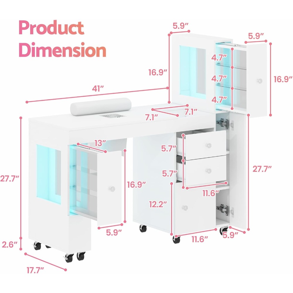 Manicure Table for Nail Tech w/ LED Light Display Cabinet, Nail Desk with Lockable Wheels, Dust Collector, Drawers, Wrist Rest