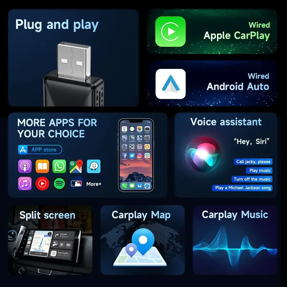 Draadloze Carplay-adapter voor Android iPhone Auto 2-in-1 Bedraad naar draadloze AI Box Bluetooth WiFi Connect Plug & Play voor auto