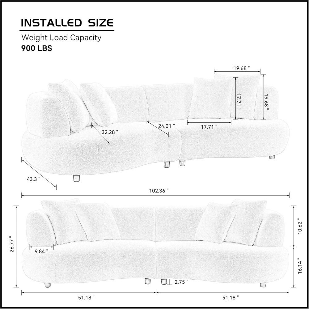 Contemporary 4-Seat Curved Sectional Sofa in Boucle Fabric with Pillows, Wooden Legs for Modern Living Room Seating