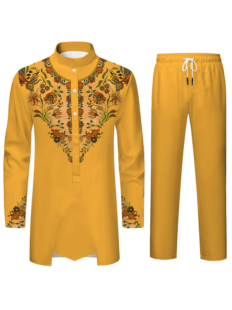 Conjunto de calças compridas de manga comprida masculina nova islã, estampa 3D, padrão islâmico, roupas muçulmanas, conjunto de duas peças, roupas de uso diário