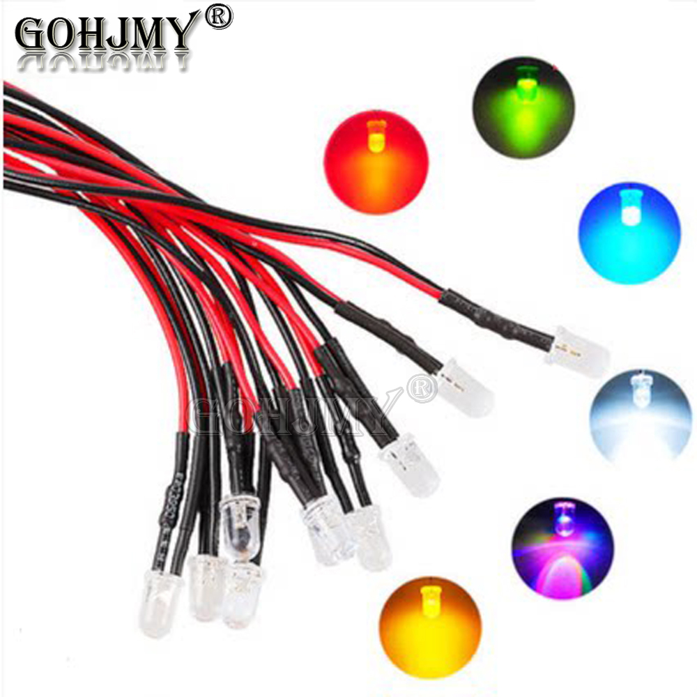 Diodos LED transparentes de agua, Cable Precableado de 20cm, rojo/verde/azul/amarillo/naranja/Blanco/RGB, 3V, 5V, 12V, 24V, CC, 5mm, 10 unidades