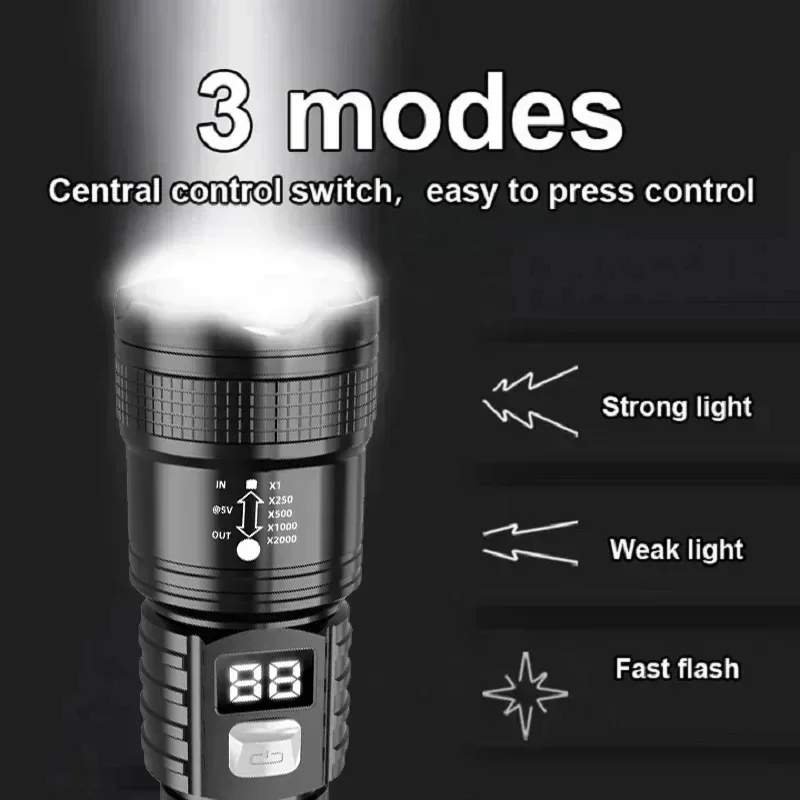 Linterna superbrillante de 100000LM, linterna LED recargable tipo C, lámpara táctica de largo alcance para exteriores, linterna de Camping impermeable