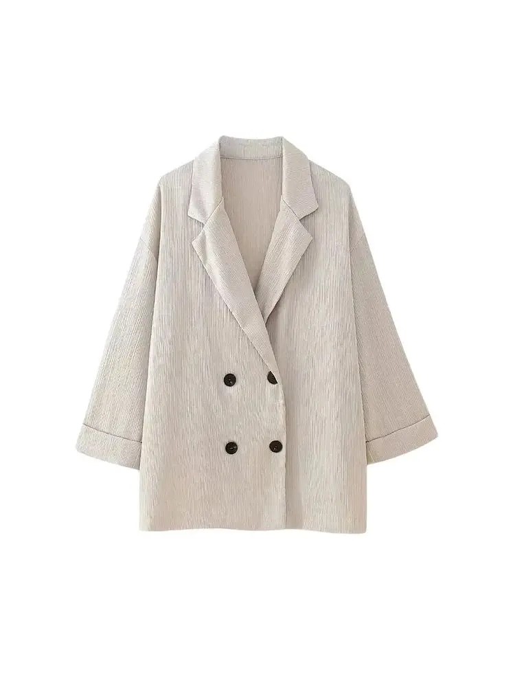 Zweireihiger, lockerer Blazer-Mantel für Damen und Hose mit hoher elastischer Taille und weitem Bein, zweiteilige weibliche Sets, Mode