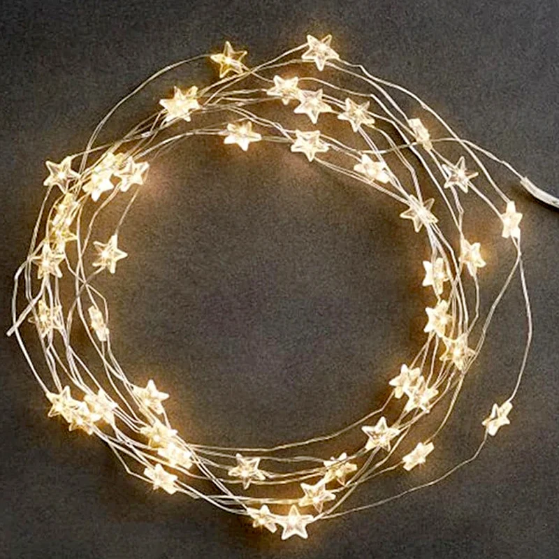 Guirnaldas de estrellas de 5 metros para dormitorio, cadena con adaptador alimentado por batería, guirnalda de luces navideñas, decoración para fiesta de boda y vacaciones