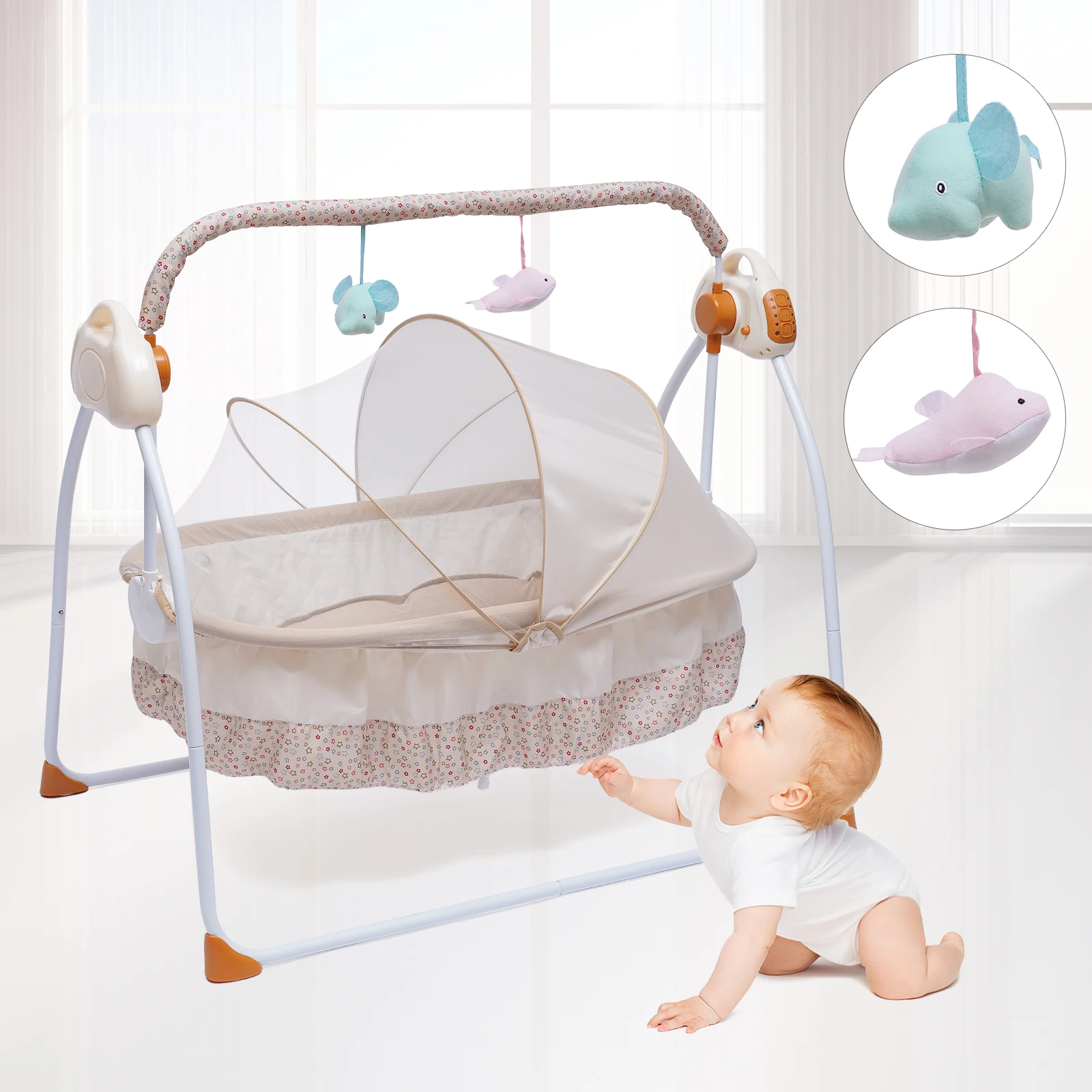 Cradle Swing Sleeping Bed Auto Rocking Chair Bed Swing 5 Speed Stand Baskets Musical Sleeping Basket Khaki