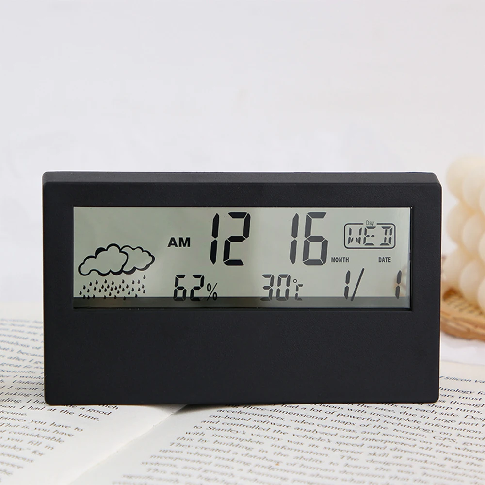 หน้าจอ LCD เครื่องวัดอุณหภูมิดิจิตอลมัลติฟังก์ชั่นอิเล็กทรอนิกส์อุณหภูมิความชื้นบ้านพร้อมนาฬิกาปลุกสําหรับเด็กนักเรียน