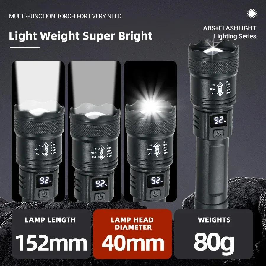 Linterna LED táctica de 2000LM, recargable por USB, resistente al agua, con Zoom, luz de emergencia portátil brillante para acampar al aire libre