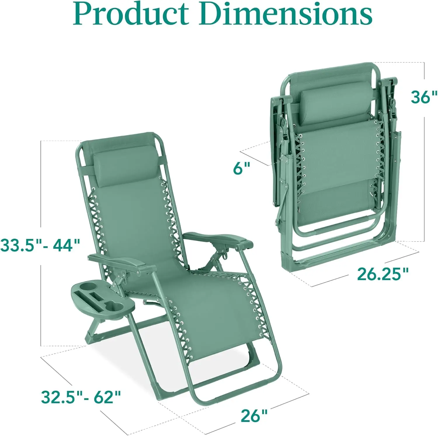 Adjustable Premium Color Zero Gravity Chair, Monochromatic Folding Patio Recliner w/Side Tray, Headrest - Seafoam