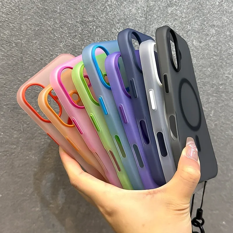 Para Magsafe Color caramelo contraste cordón funda para iPhone 16 15 Pro Max 14 Plus 11 12 13 16e correa de muñeca de mano cubierta suave mate