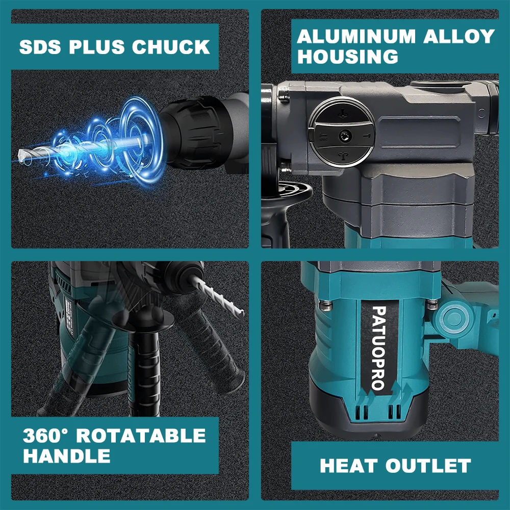PATUOPRO-taladro de Martillo rotativo sin escobillas, 36mm, 2 modos, 10J, martillo eléctrico inalámbrico, herramienta eléctrica de mano para batería Makita de 18V