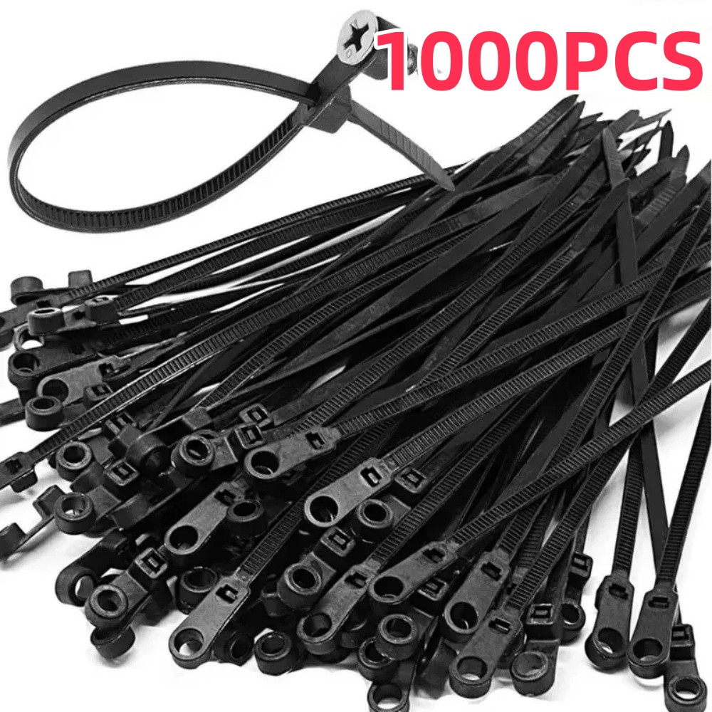 1000/100PCS Screw Hole Nylon Cable Ties Multipurpose Duty Adjustable Self-locking Cord Ties Organizer Straps Fastening Loop