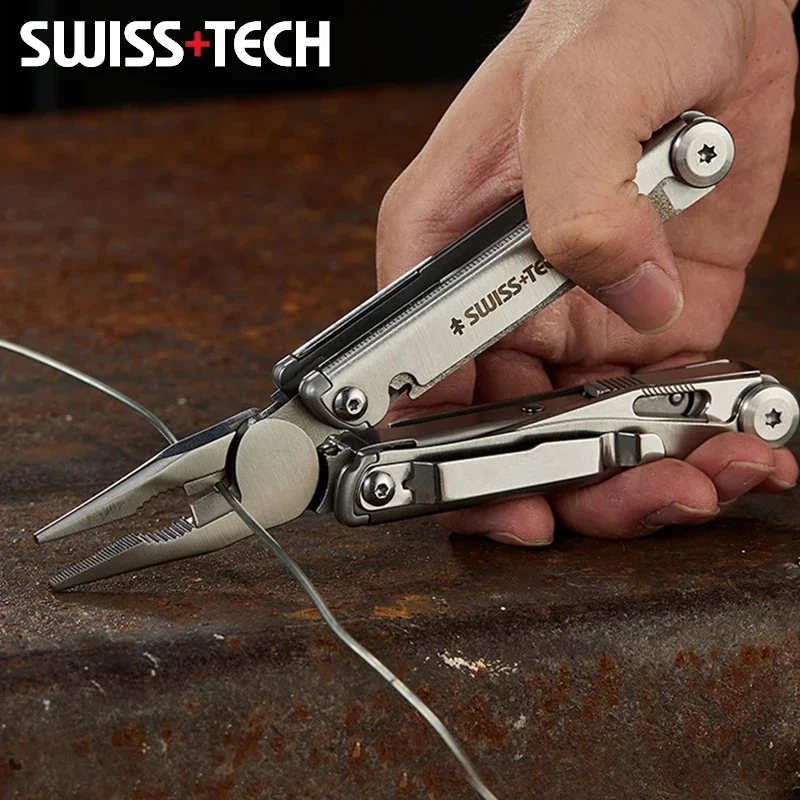 SWISS TECH-Alicates multiherramienta 18 en 1, herramienta combinada multifuncional plegable, cuchillo de bolsillo, equipo portátil EDC para exteriores