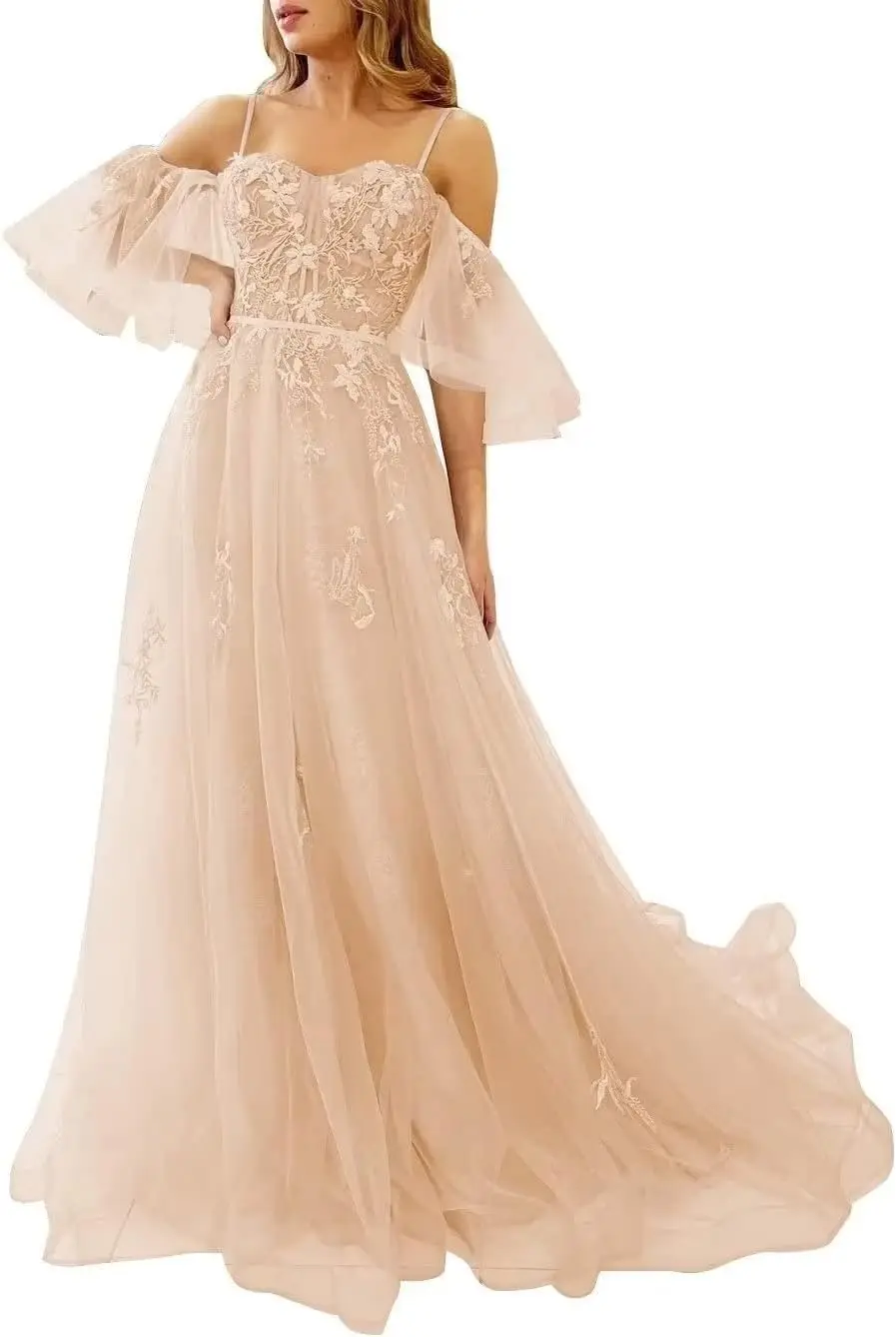 Ballkleider mit Spitzenapplikationen, Tüll, schulterfrei, Puffärmel, Hochzeitskleid, langes Damen-Abendkleid in A-Linie mit Herzausschnitt