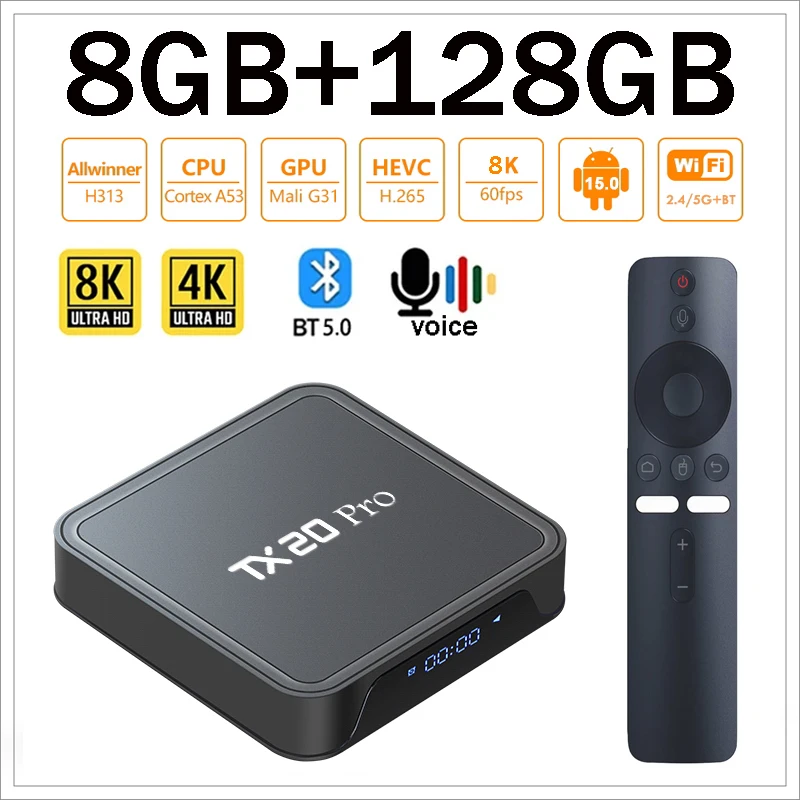 Ổ đĩa TV TX20 Pro Android 15 Allwinner H313 Quad Core 8K 4K HD Media Player 4G 5G Wifi kép BT5.0 8GB 128GB điều khiển từ xa bằng giọng nói iptv