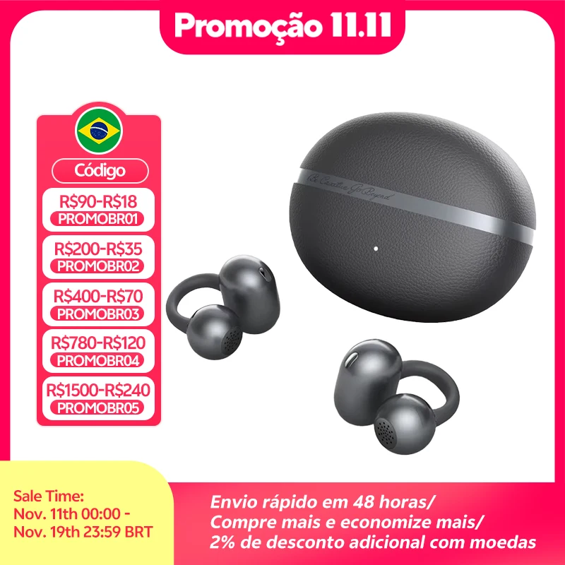 QCY Crossky C50 Fones de ouvido sem fio abertos Bluetooth 6.0 Ultra-confortáveis ​​com clipe para chamadas, 4 microfones, IA, reforço de graves, controle de volume adaptável, 35 horas de reprodução, esportes, corrida