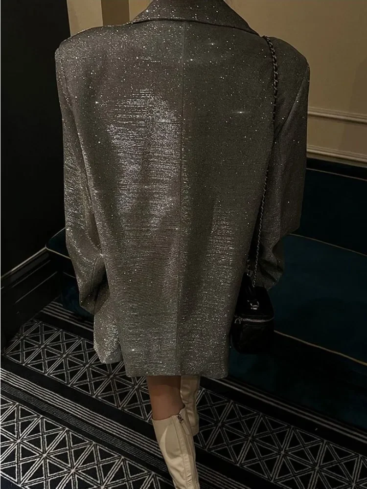 Glänzende Pailletten Glitter Revers Anzug Outwear für Frauen Luxus Langarm Mode Tasche elegante funkelnde Mantel Damen Anzug Outwear