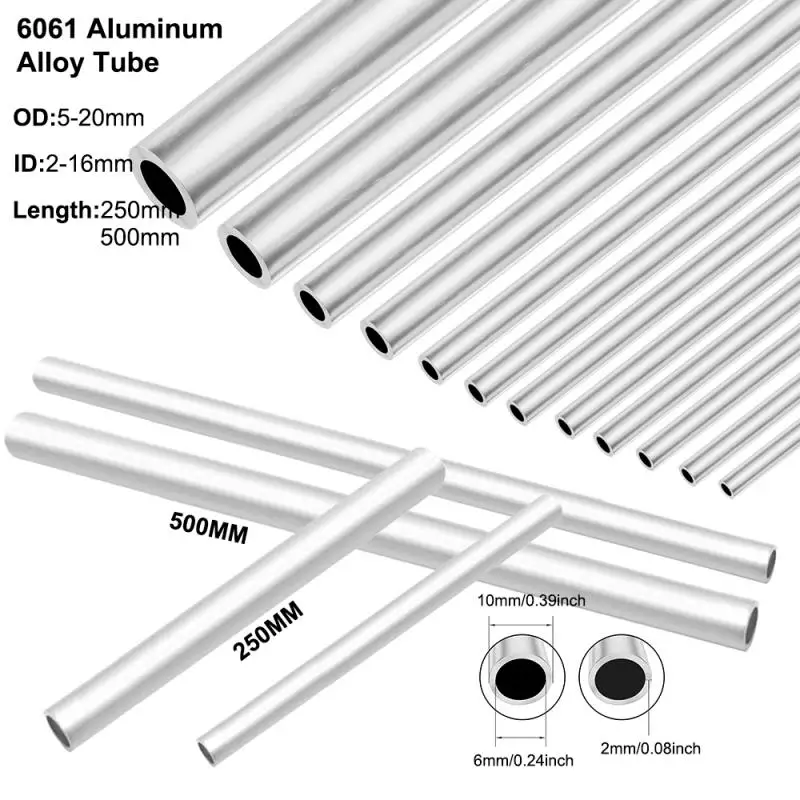 1 pièces 6061 tuyau en aluminium OD 5 ~ 20mm diamètre intérieur 2mm ~ 16mm longueur 500mm/250mm épaisseur 1mm Tube rond droit en alliage d'aluminium