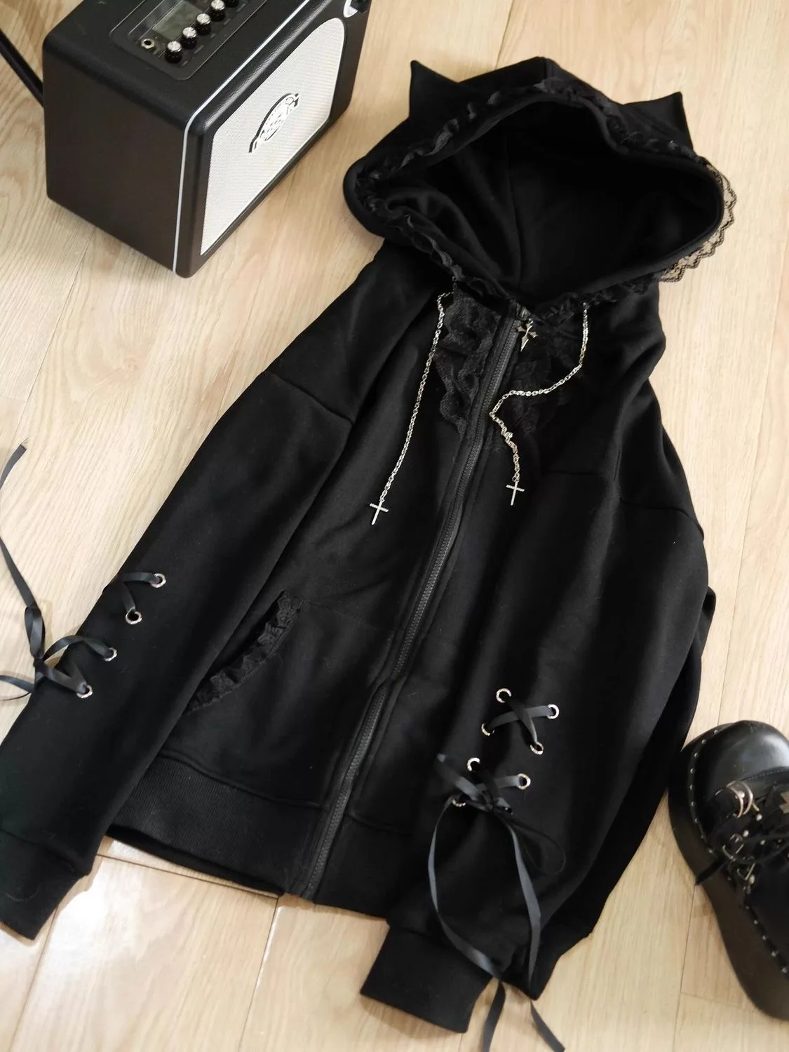 Casacos doces japoneses y2k roupas com capuz feminino topos outono e inverno cor correspondência emenda com grosso veludo cardigan jaquetas