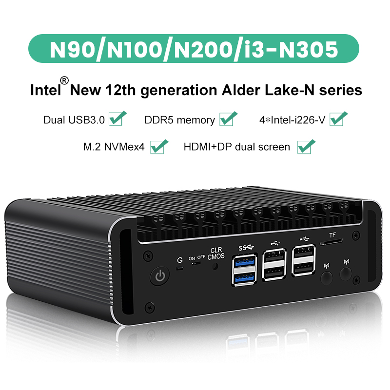 Solid Firewall Mini-PC Intel Core 3 N355 N305 8 Core N150 N100 DDR5 2xNVMe 4xi226-V 2,5G Lüfterloser Soft-Router Proxmox Host-Server