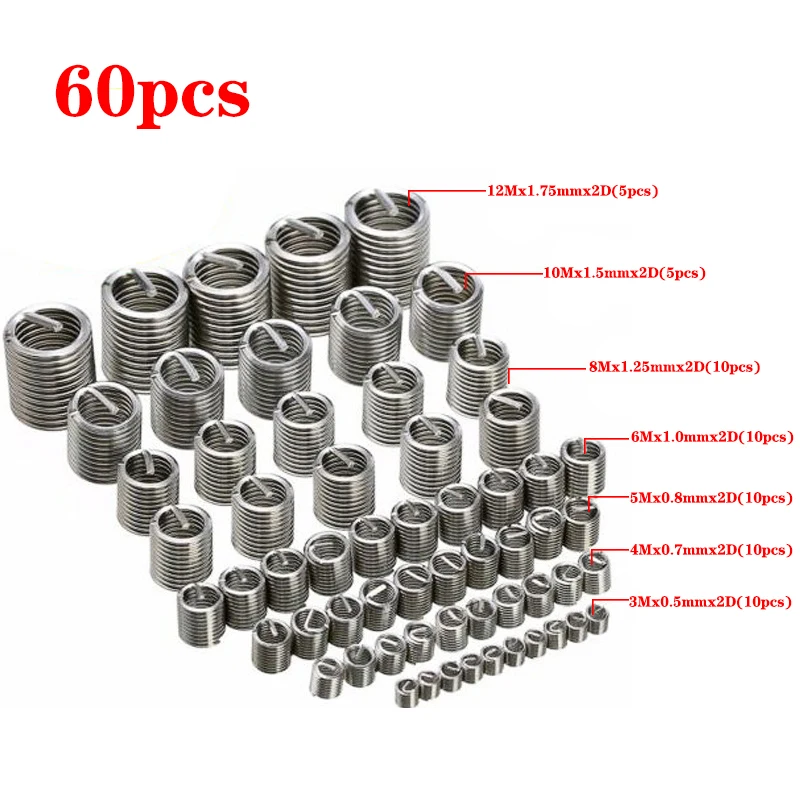 60 uds M3 M4 M5 M6 M8 M10 M12 304 Kit de inserción de rosca de fijación 2D de acero inoxidable herramienta de reparación de Hardware tornillo de manga de alambre en espiral