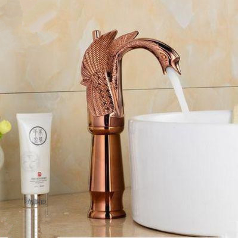 Grifos de lavabo de cisne alto, grifos mezcladores de baño de lujo, grifos de latón caliente y frío, grifo chapado en oro de un solo orificio