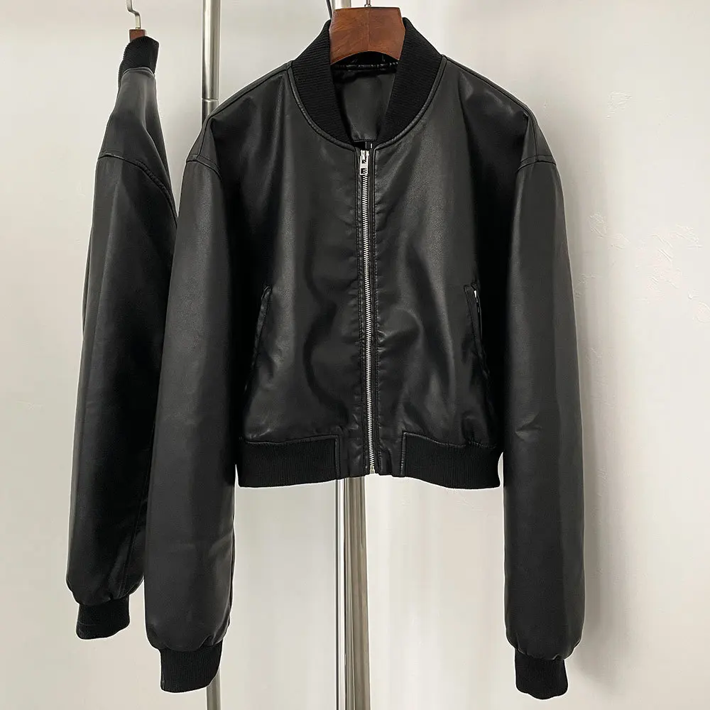 Herbst und Winter neue Leder einfarbig Kurzmantel Retro-Stil kurze Reißverschluss Strickjacke lässig All-Match-Lederjacke weiblich