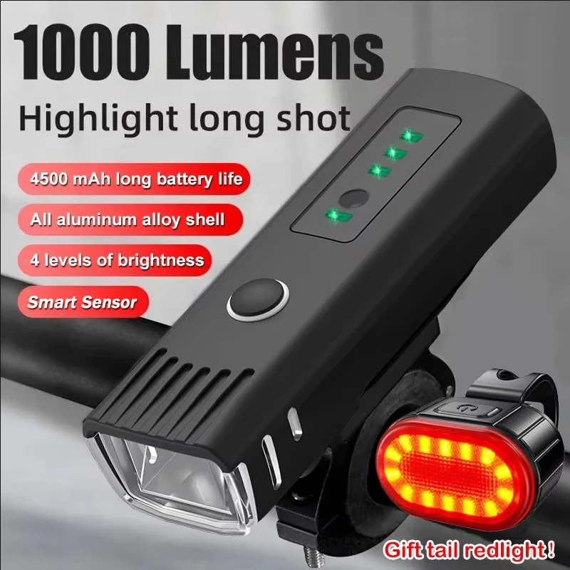 Luz delantera Led para bicicleta de 1000LM, luz trasera con Sensor inteligente recargable por USB, linterna brillante resistente al agua, luces de seguridad para ciclismo