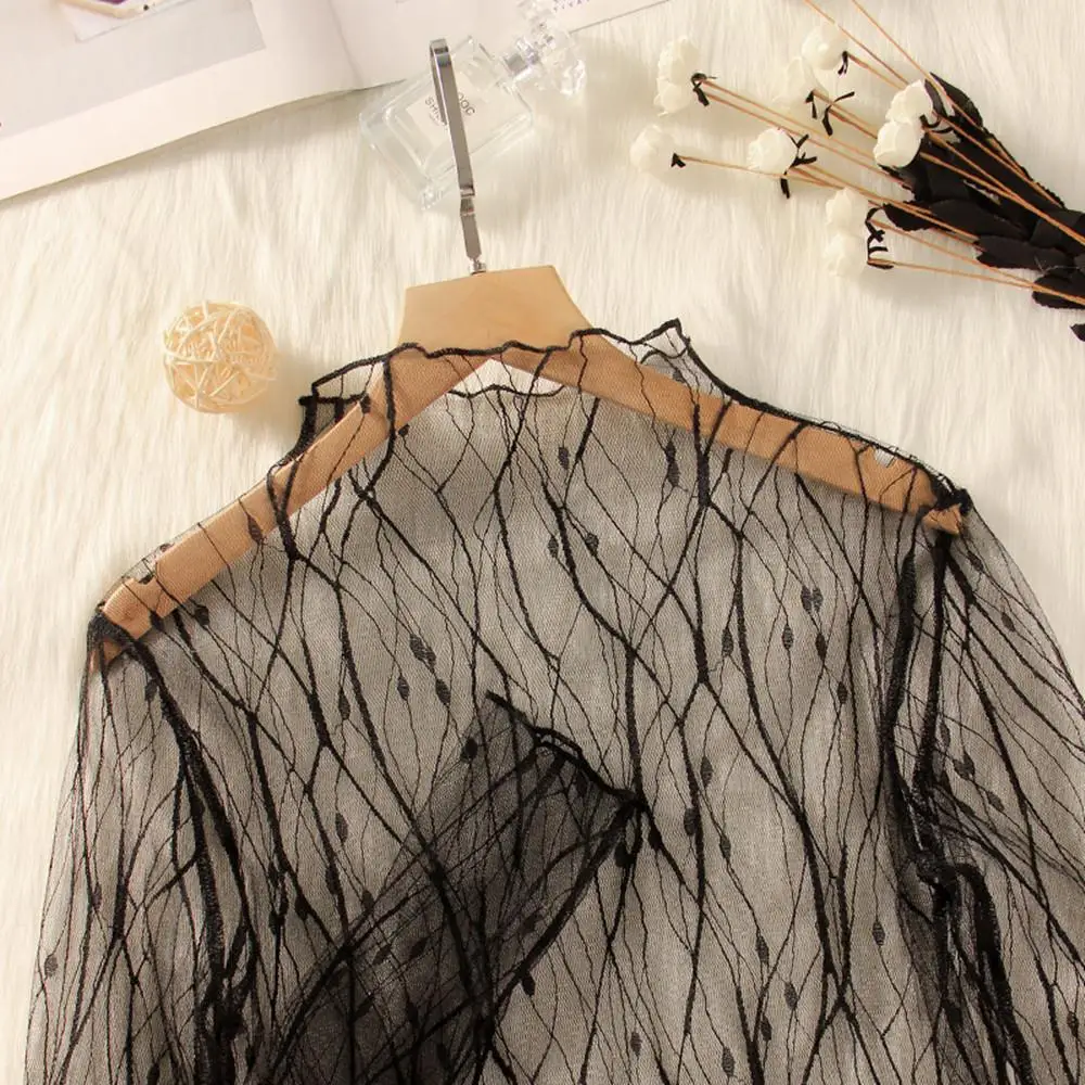 Lace Sheer Women‘s T-Shirt Fashion Mesh Summer Thin Bottom Shirt Transparent Long Sleeve Blouses Ladies Tops High Neck Tee Soli