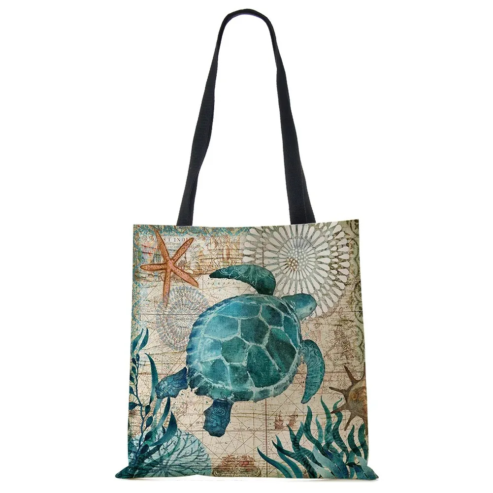 Bolso de mano con estampado de caballito de mar para mujer, bolsos de hombro de viaje, bolsos de compras de lino ecológico con estampado