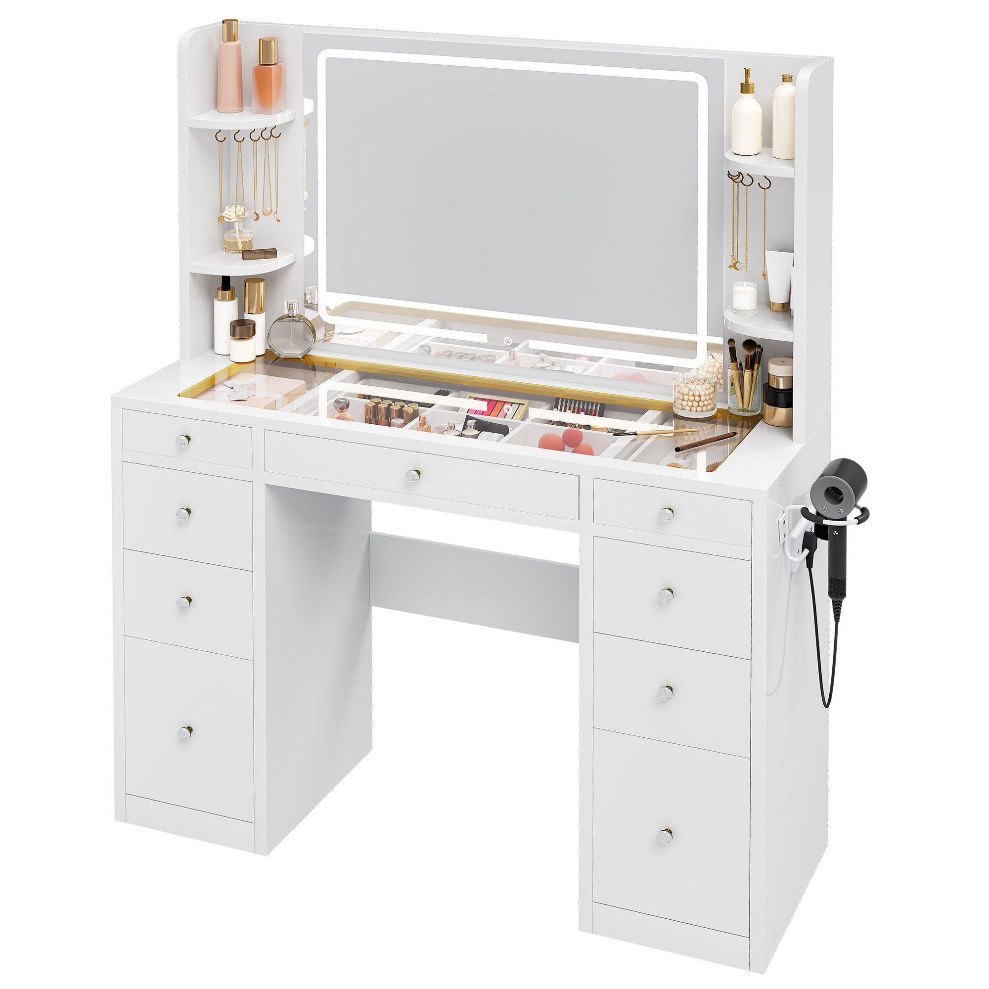 YITAHOME White Vanity Table - Adjustable LED Lighting & Outlets, 9 Drawers with Dividers, Transparent Desk for Makeup
