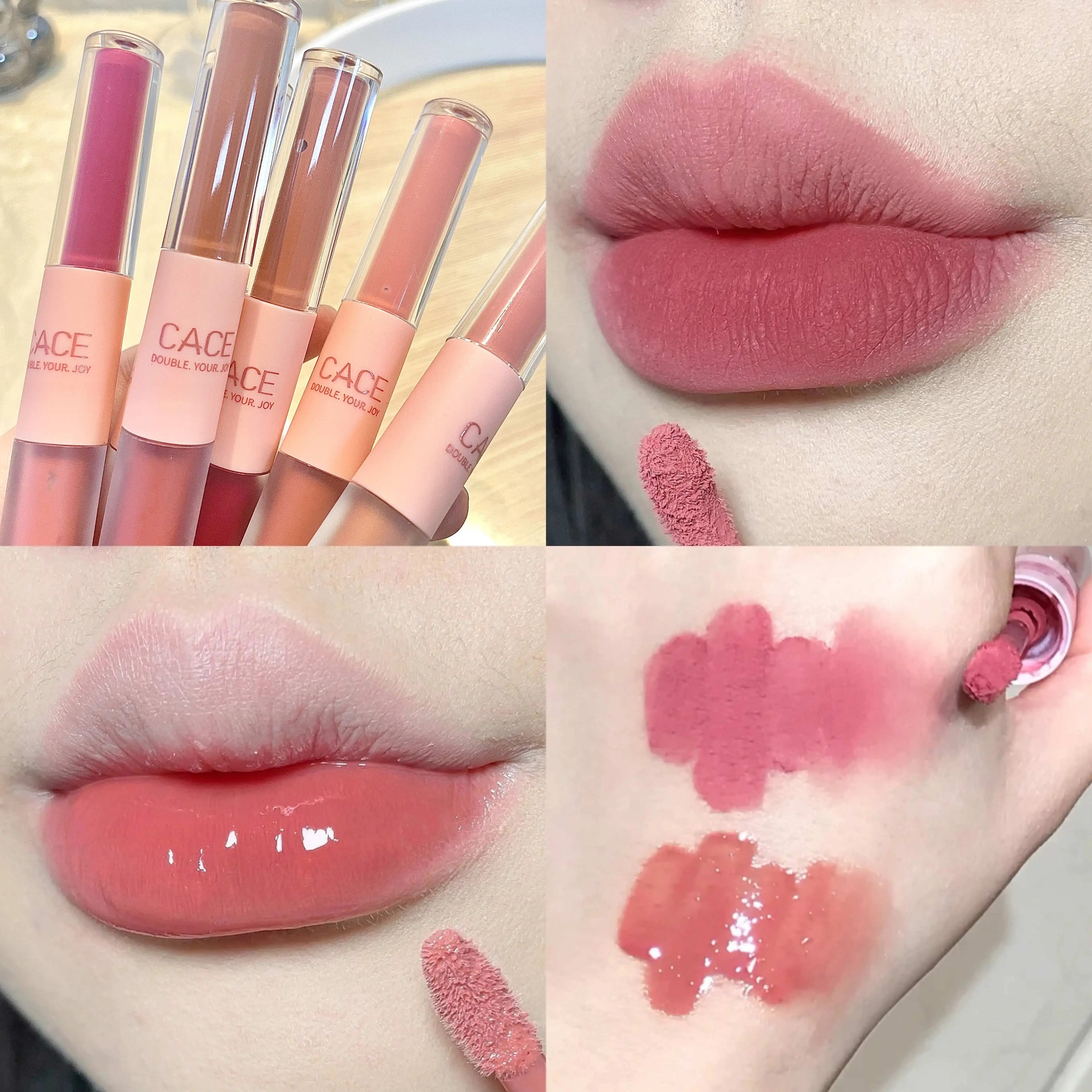 CACE-brillo de labios de doble cabeza, maquillaje de labios rojo Sexy, espejo de barro, brillo de agua, lápiz labial mate, resistente al agua, Cosméticos Coreanos