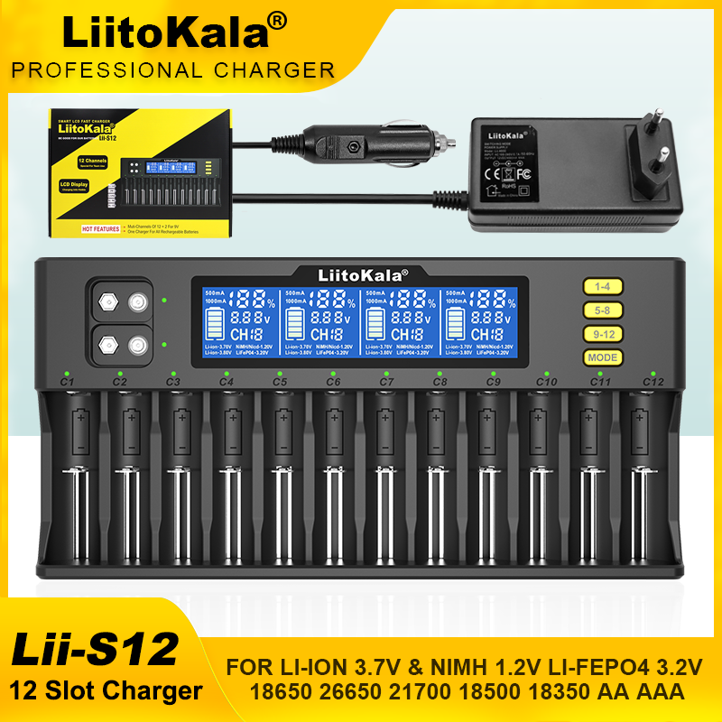 LiitoKala Lii-S12 Caricabatteria LCD 18650 a 12 slot per batteria Lion 20700 26650 21700 14500 10440 16340 1.2V 3.7V 4.2V
