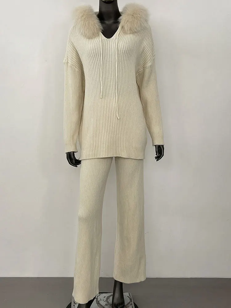 Furyurself 2025 primavera mulher com capuz pulôver camisola de caxemira emenda natural gola de pele de raposa outerwears camisola terno