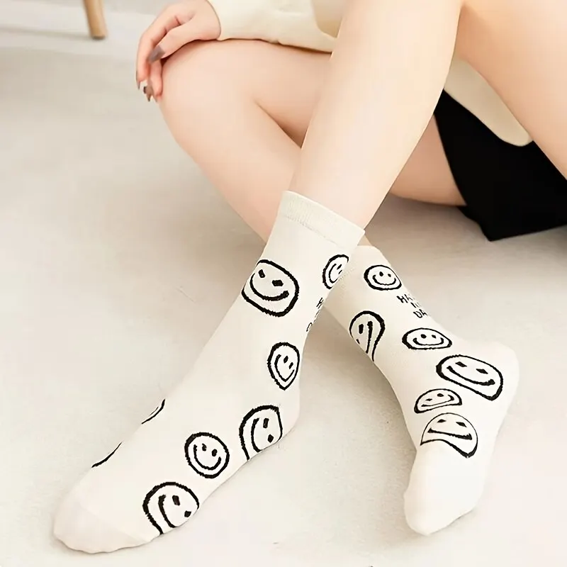 5 pares de calcetines Happy Face Crew, calcetines de tubo medio de algodón transpirable con gato de dibujos animados, medias y calcetería para mujer