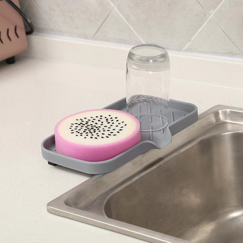 Sink Silicone Tray With Drain Soap Sponge Storage Holder Countertop Sink Scrubber Brush Soap Storage Rack Kitchen Organizer