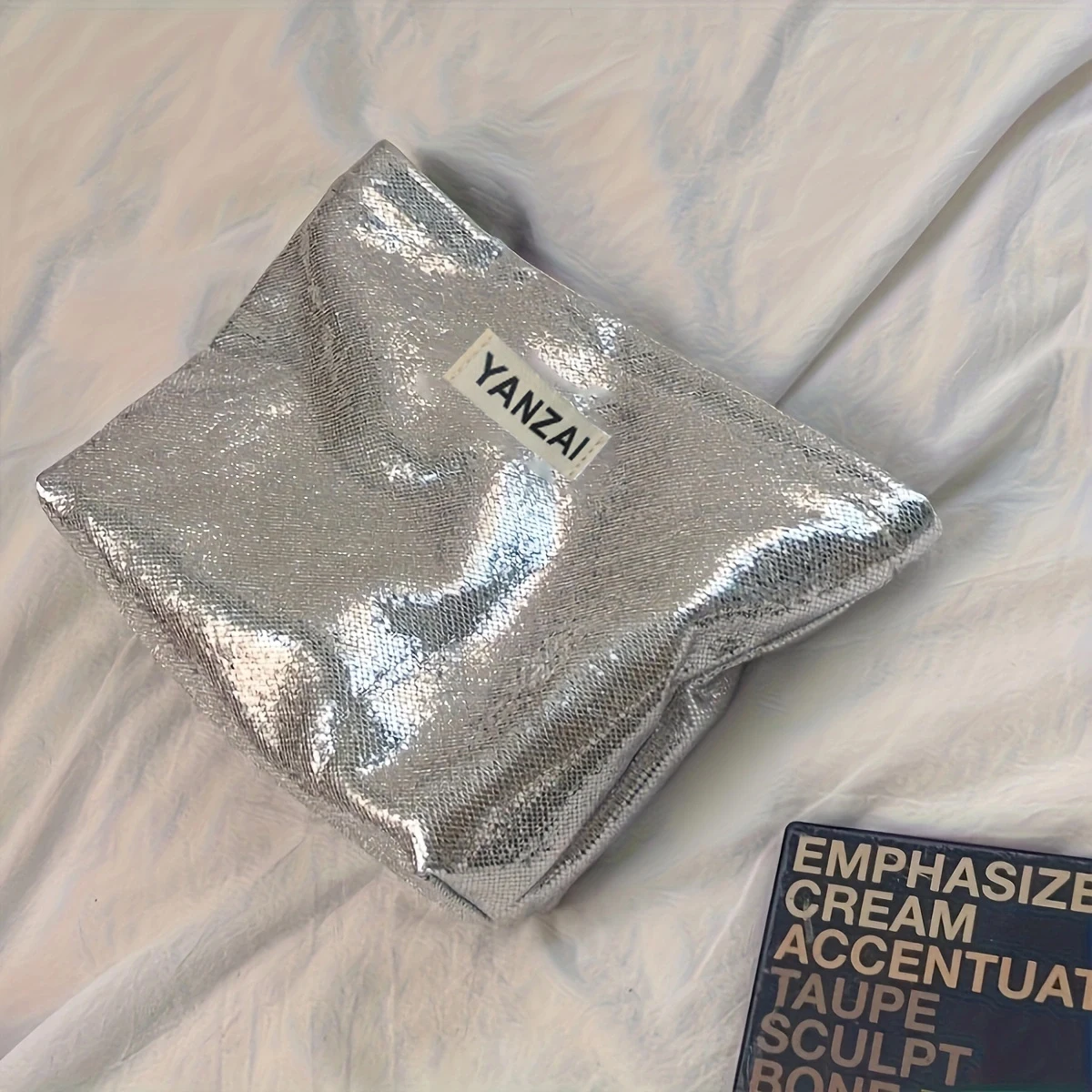 YANZAI Make-up-Tasche mit glänzenden Pailletten, neue Kosmetiktasche in Champagner-Silber, einfarbig, für Toilettenartikel, Hautpflege, Aufbewahrungstasche für Reisen