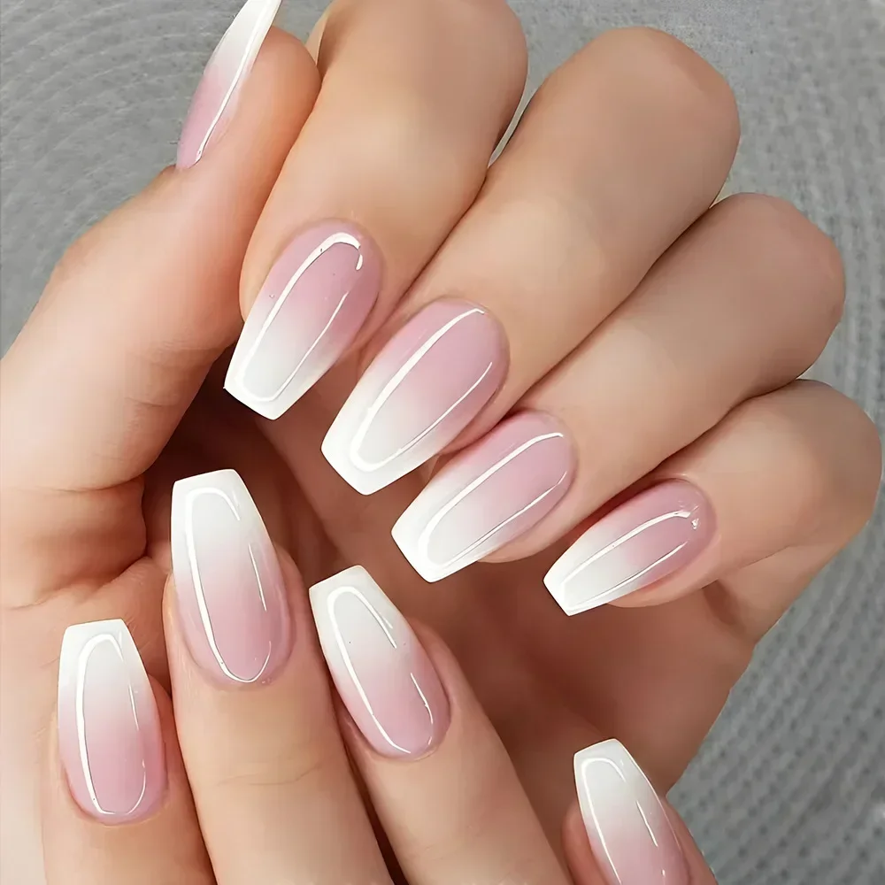 24 Uds. De uñas postizas blancas degradadas, uñas postizas simples de Ballet cuadradas cortas, prensa en uñas desnudas usables, puntas de manicura de cobertura completa