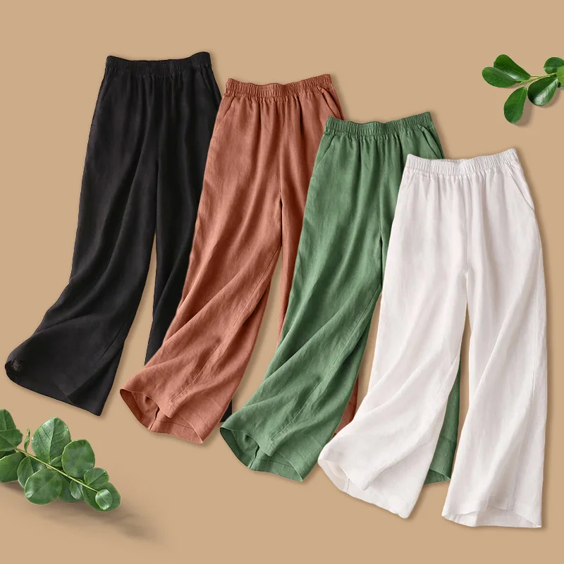 Mode Volle Länge Casual Hosen für Frauen Baumwolle Leinen Breite Bein Hosen Solide Sommer Hosen Weibliche Lose Hohe Taille Gerade Hosen