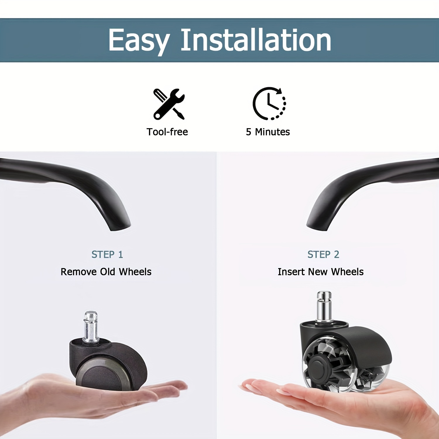 5pcs 2" Heavy Duty Gray PU Silent Swivel Stem Casters, Smooth & Durable Wheels for Office Chairs, Gaming Chairs