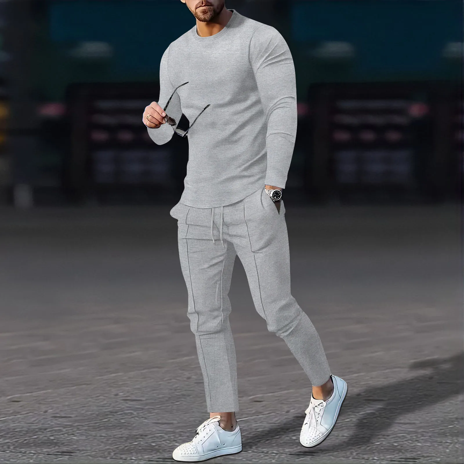 Traje de Color sólido para hombre, conjunto de pantalones de manga larga con cuello redondo, Waffle, Otoño, nuevo