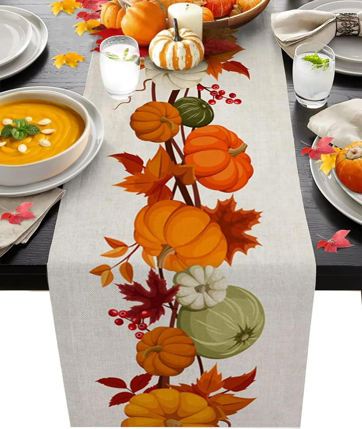 Camino de mesa de lino de calabaza, cosecha de hojas de arce de otoño, camino de mesa lavable para Acción de Gracias, decoración de mesa de comedor y café de cocina