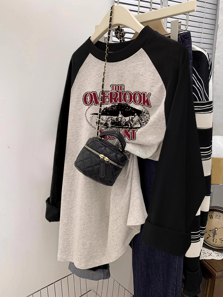 オーバーサイズレイジースタイル長袖レディース Tシャツピュアコットンベースシャツカラーブロックデザインカジュアルルーズフィットサマープリントトップ