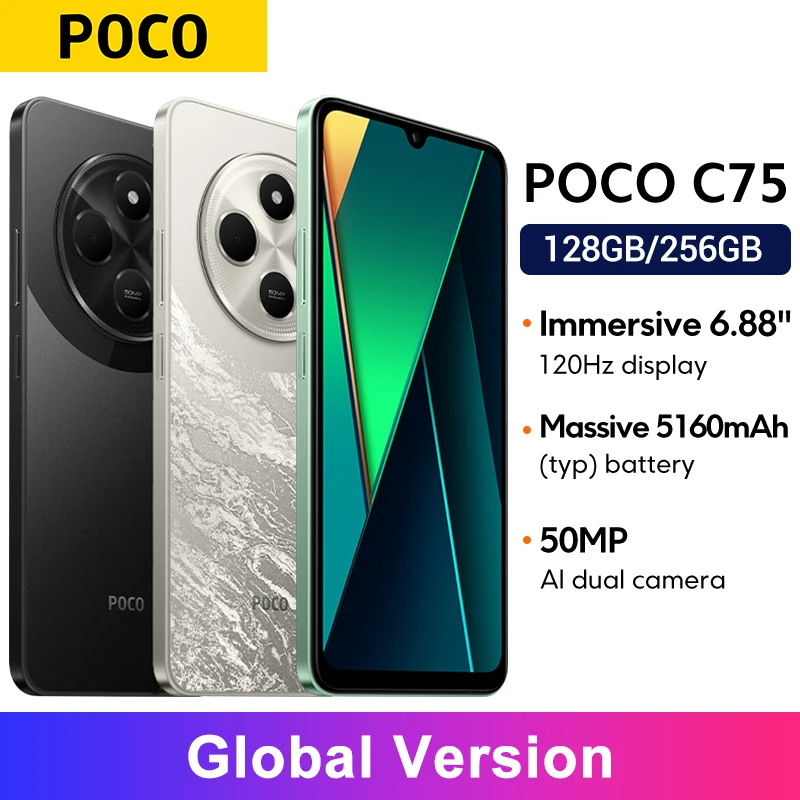 POCO C75 Global Version Helio G81-Ultra Xiaomi HyperOS 50MP AI dual Camera 5160mAh Battery NFC 6.88'' 120Hz Display